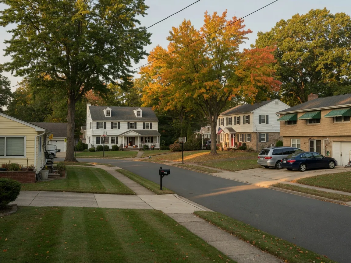An established Mount Laurel neighborhood street in early autumn with mid-century homes and mature trees