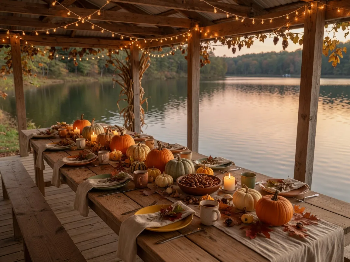 A long farmhouse table set for a fall gathering under a covered lakeside pavilion, warm string lights overhead, pumpkins and pecans as centerpieces, the lake beyond the columns