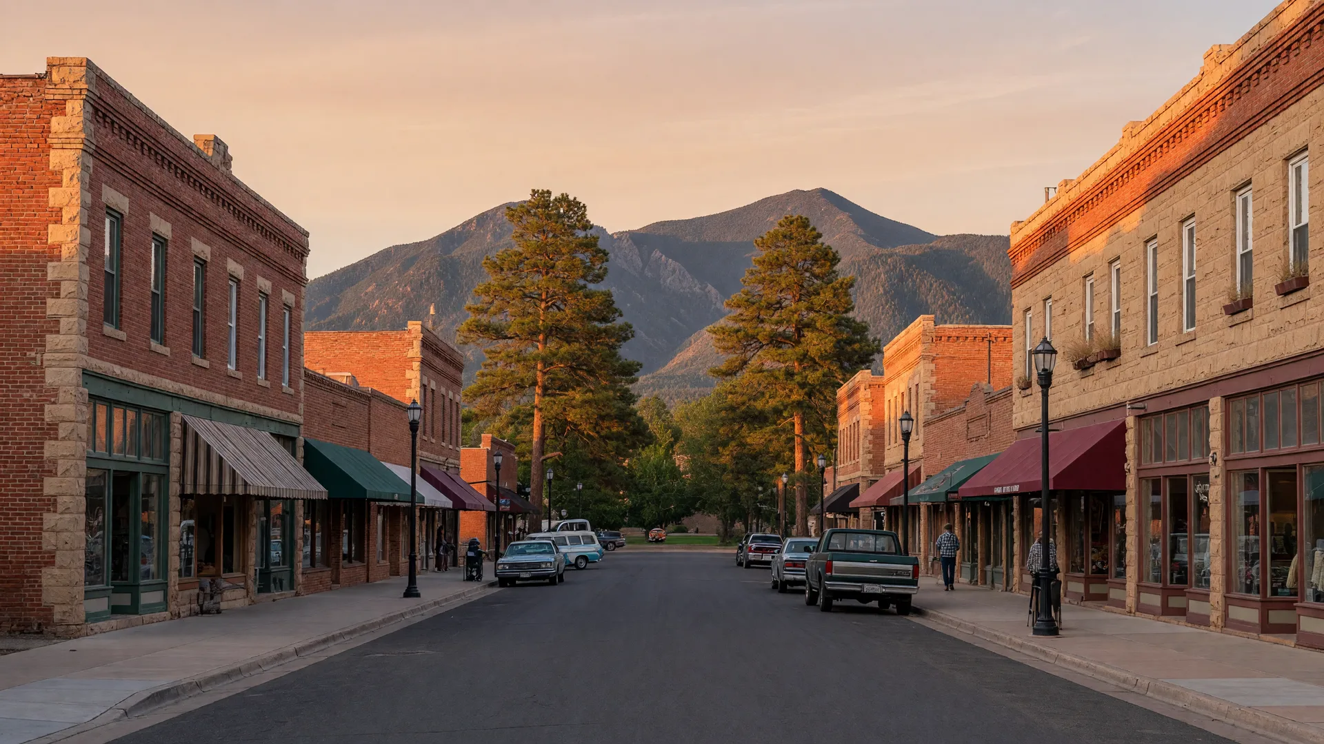 Downtown Flagstaff commercial storefronts along the Route 66 corridor at golden hour