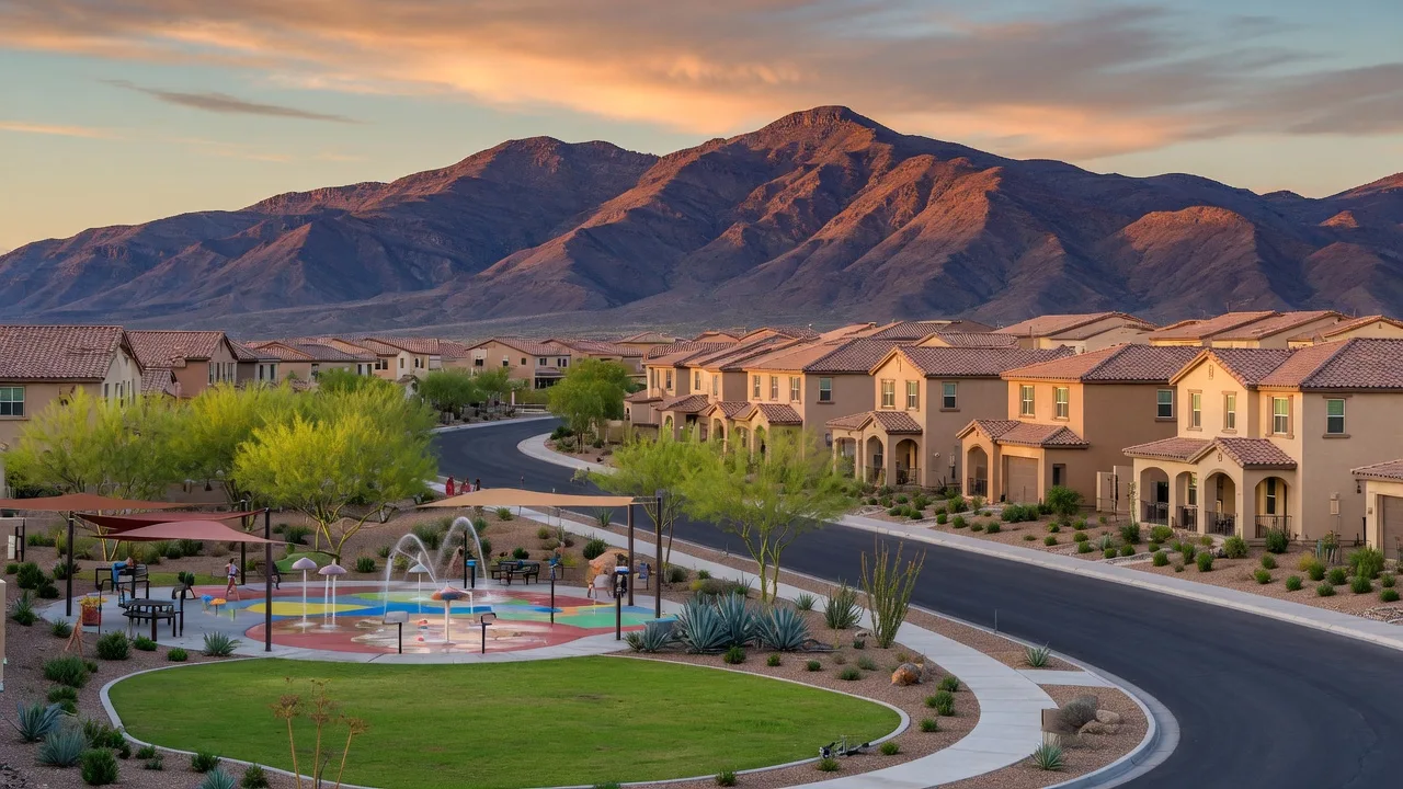 New construction stucco homes with tile roofs and desert landscaping in a Henderson master-planned community with the McCullough mountain range in the background