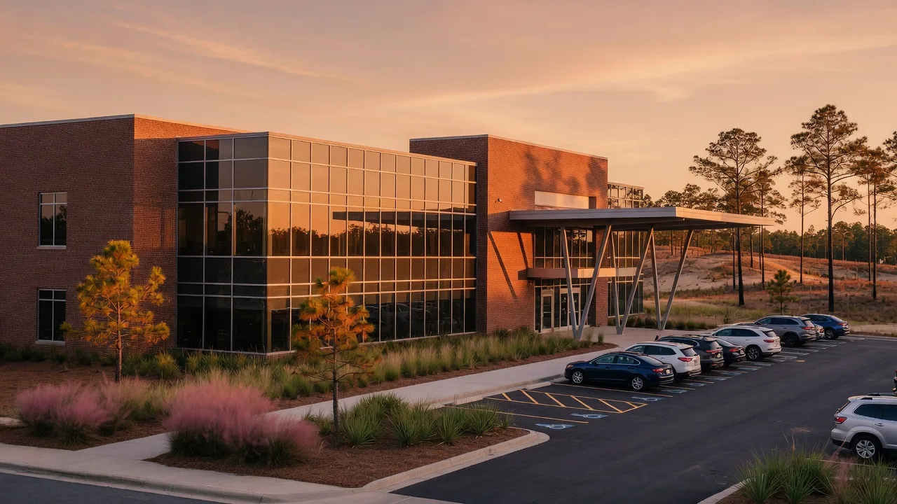 A modern brick-and-glass healthcare campus in the Sandhills at golden hour