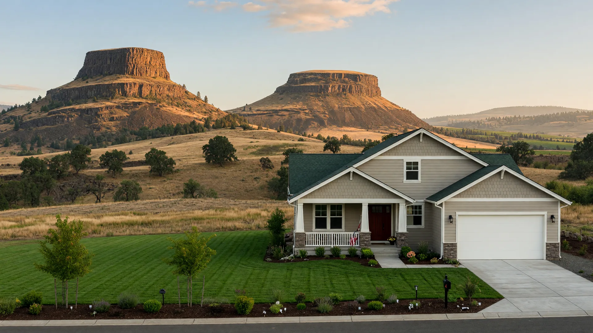 A new craftsman home in the Quail Run community in Eagle Point, Oregon, with the flat-topped Table Rocks on the horizon under golden late-summer light