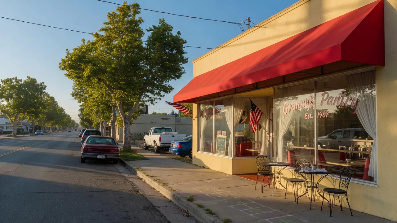 Granny's Pantry diner storefront at 1221 Broadway Avenue in Atwater, California, featuring a vintage-style red awning, large glass windows, and a warm welcoming exterior bathed in golden morning light