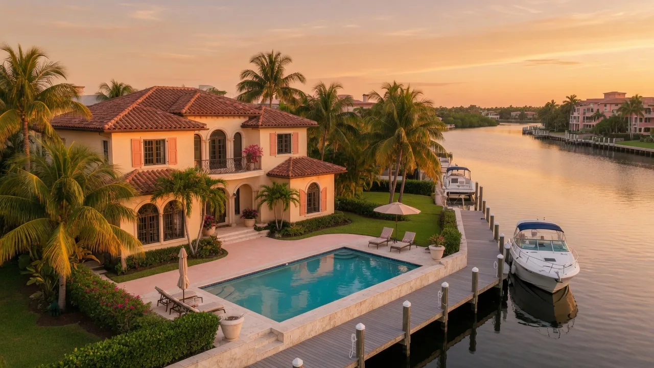 Mediterranean-style waterfront home on the Intracoastal Waterway in Delray Beach with pool and dock at golden hour