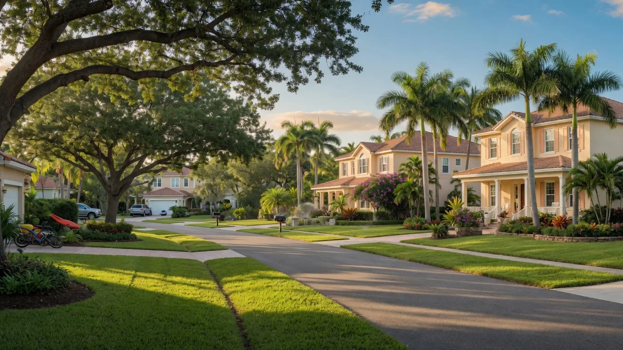 Beautiful Tampa Bay neighborhood with lush tropical landscaping