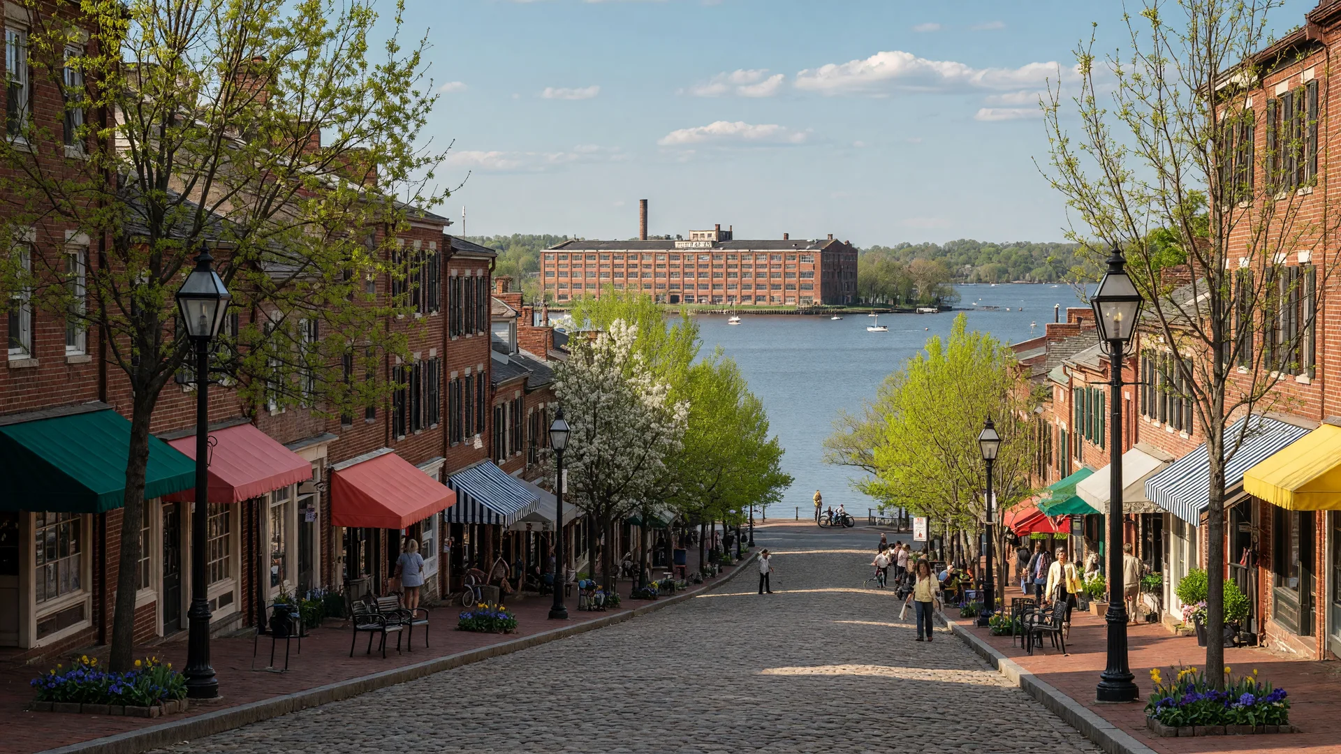 Historic King Street in Old Town Alexandria with brick buildings, sidewalks, and shops on a sunny day