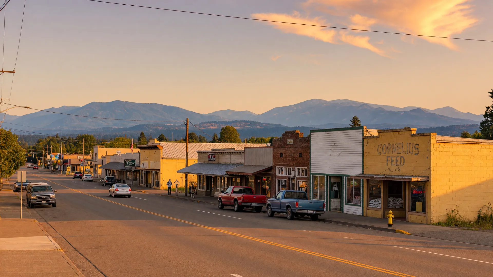 A quiet stretch of the Tualatin Valley Highway through downtown Cornelius at golden hour with the Coast Range behind it