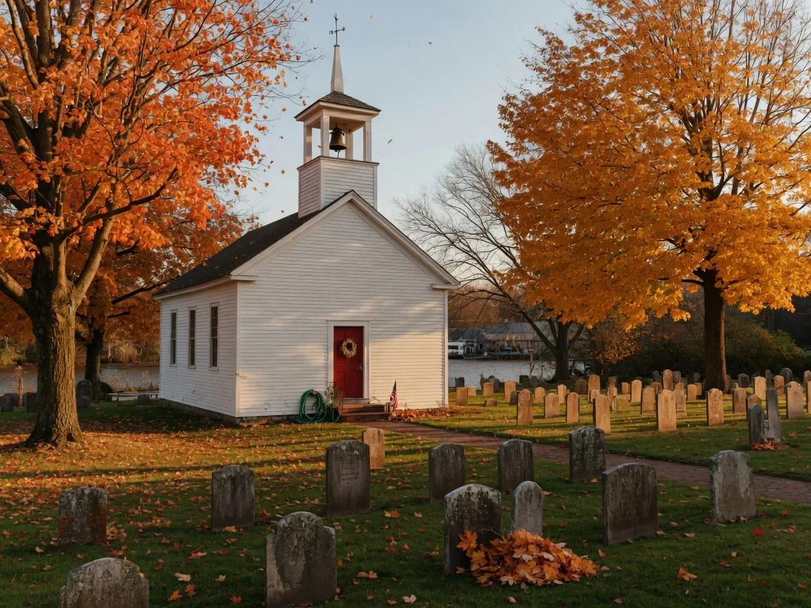 A small white clapboard historic church with a steeple framed by orange and gold maple trees