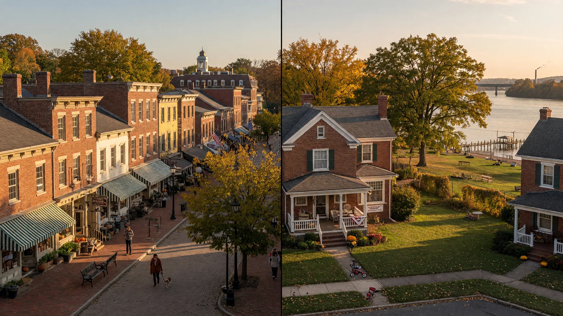 Split-screen comparison of the historic brick and clapboard main street of Bordentown and a leafy brick company-town street in Florence with a riverfront park beyond