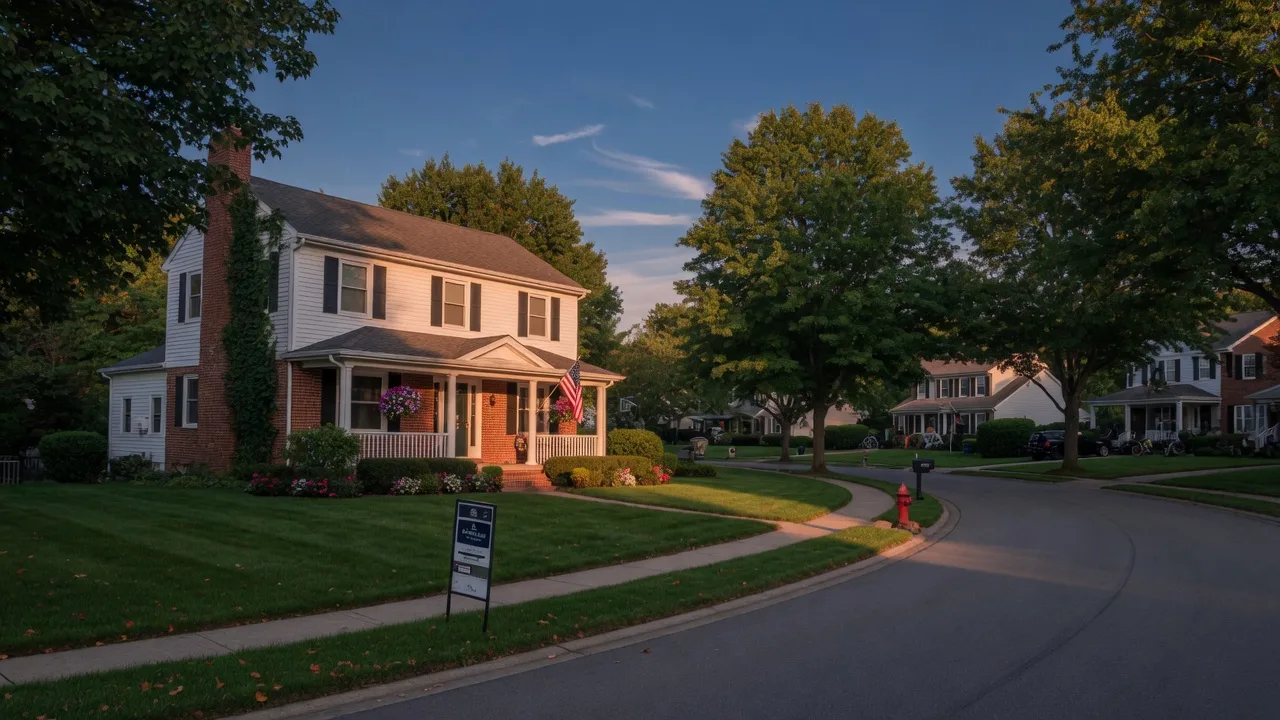 A classic two-story colonial home with a covered front porch on a tree-lined, gently curving street in a Centerville, Ohio neighborhood in warm golden-hour light