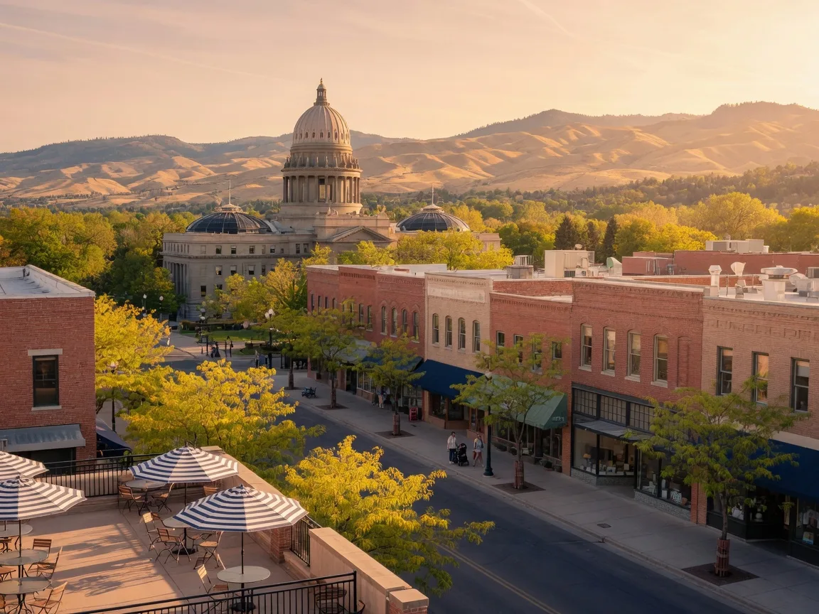 Downtown Boise at golden hour, the capitol and brick storefronts with foothills behind