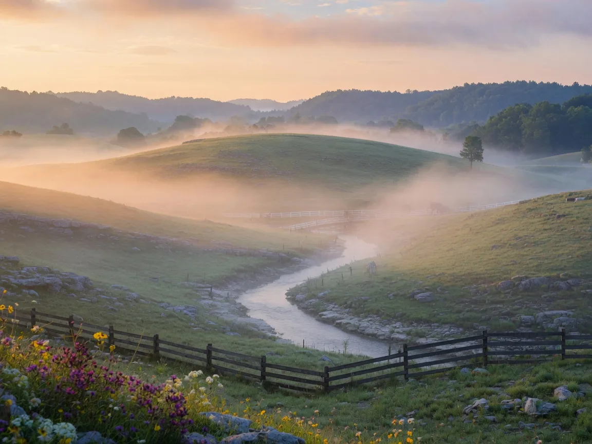 Serene sunrise over Kentucky bourbon country landscape near Frankfort