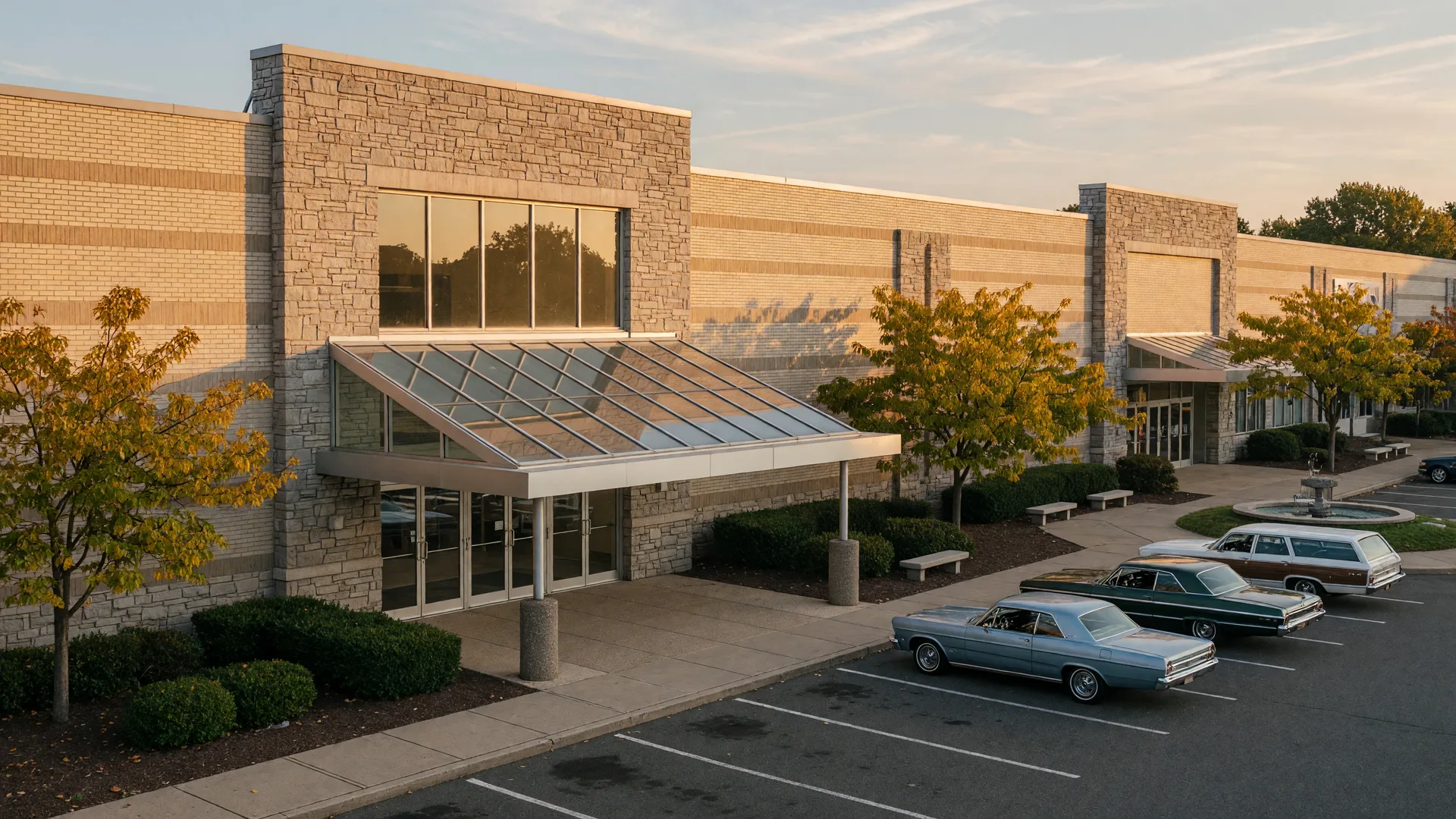 The modern glass entrance of the Moorestown Mall on a warm fall afternoon