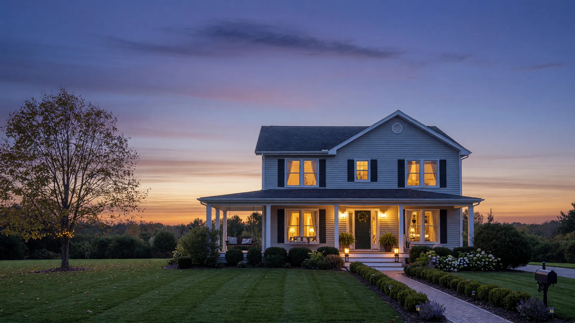 Beautiful single-family home at twilight with lit windows aglow