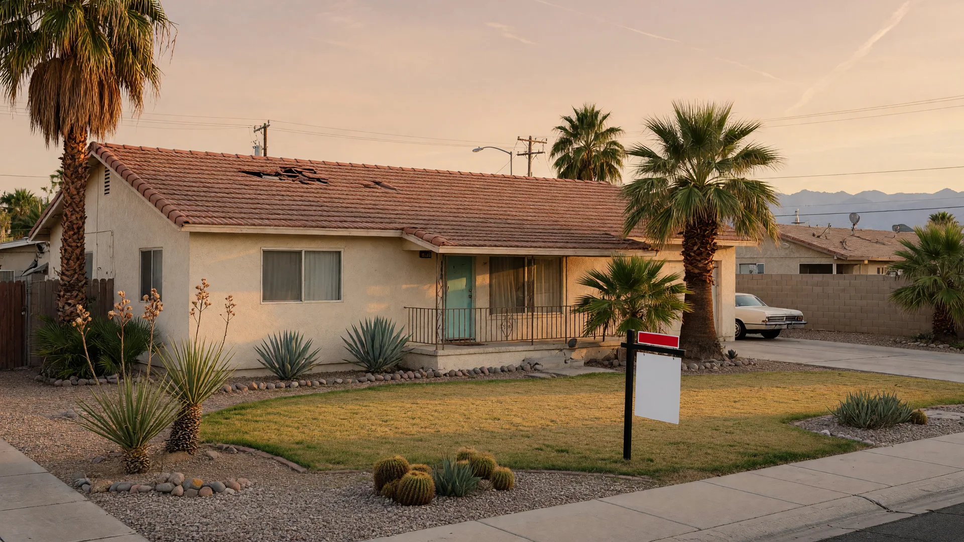 A single-story cream stucco Las Vegas home with a for-sale sign in the front lawn, palm trees, and desert landscaping in late-afternoon light