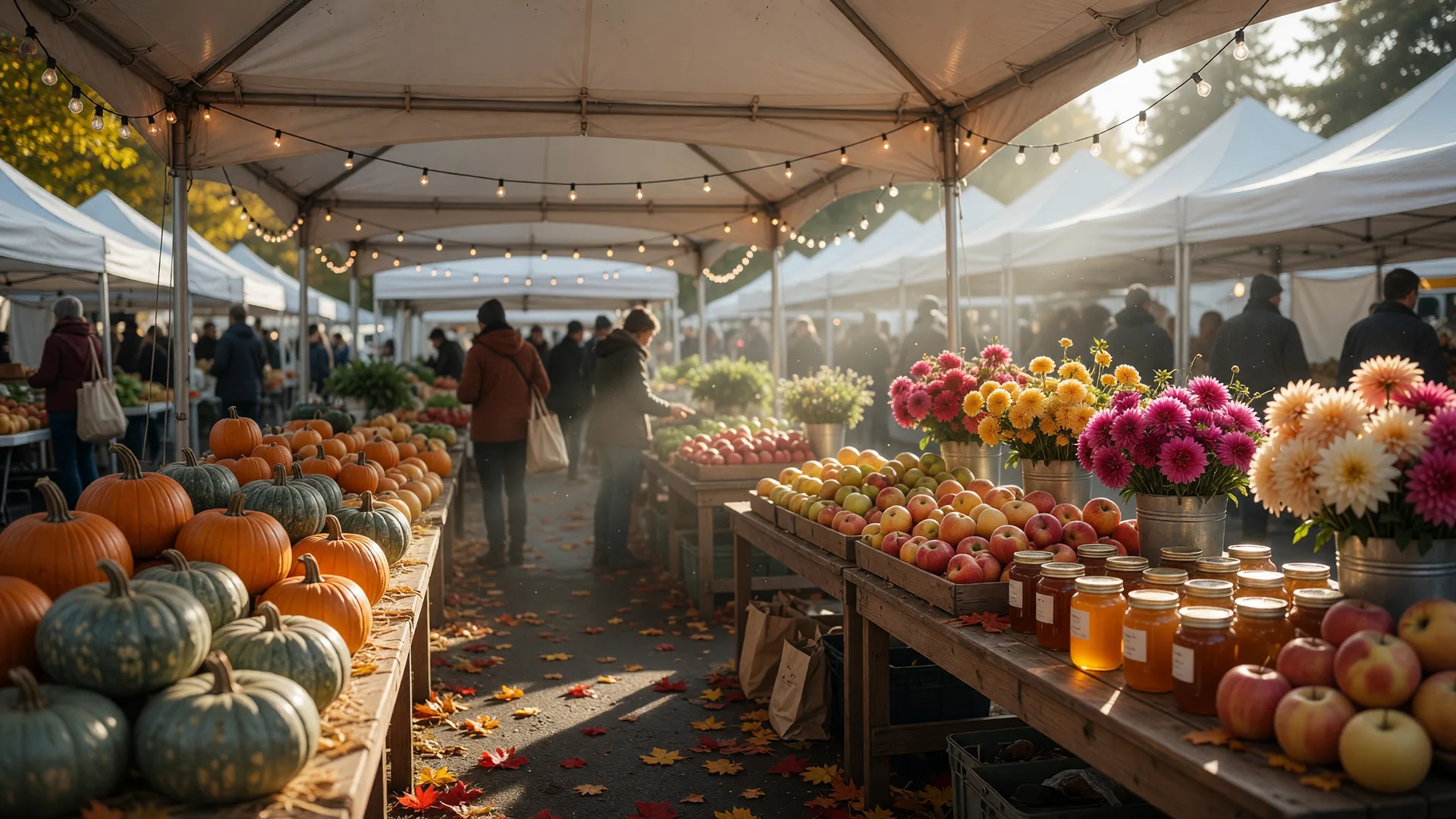 Farmers market stalls under white canopies on a crisp October morning, tables of pumpkins, squash, apples, and dahlias in warm sunlight