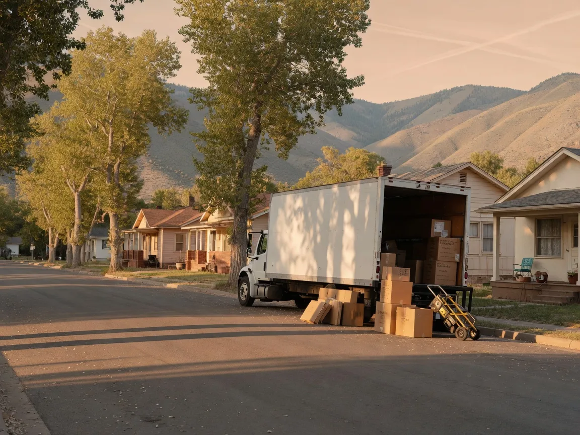 A moving truck on a quiet tree-lined street in Boise at golden hour