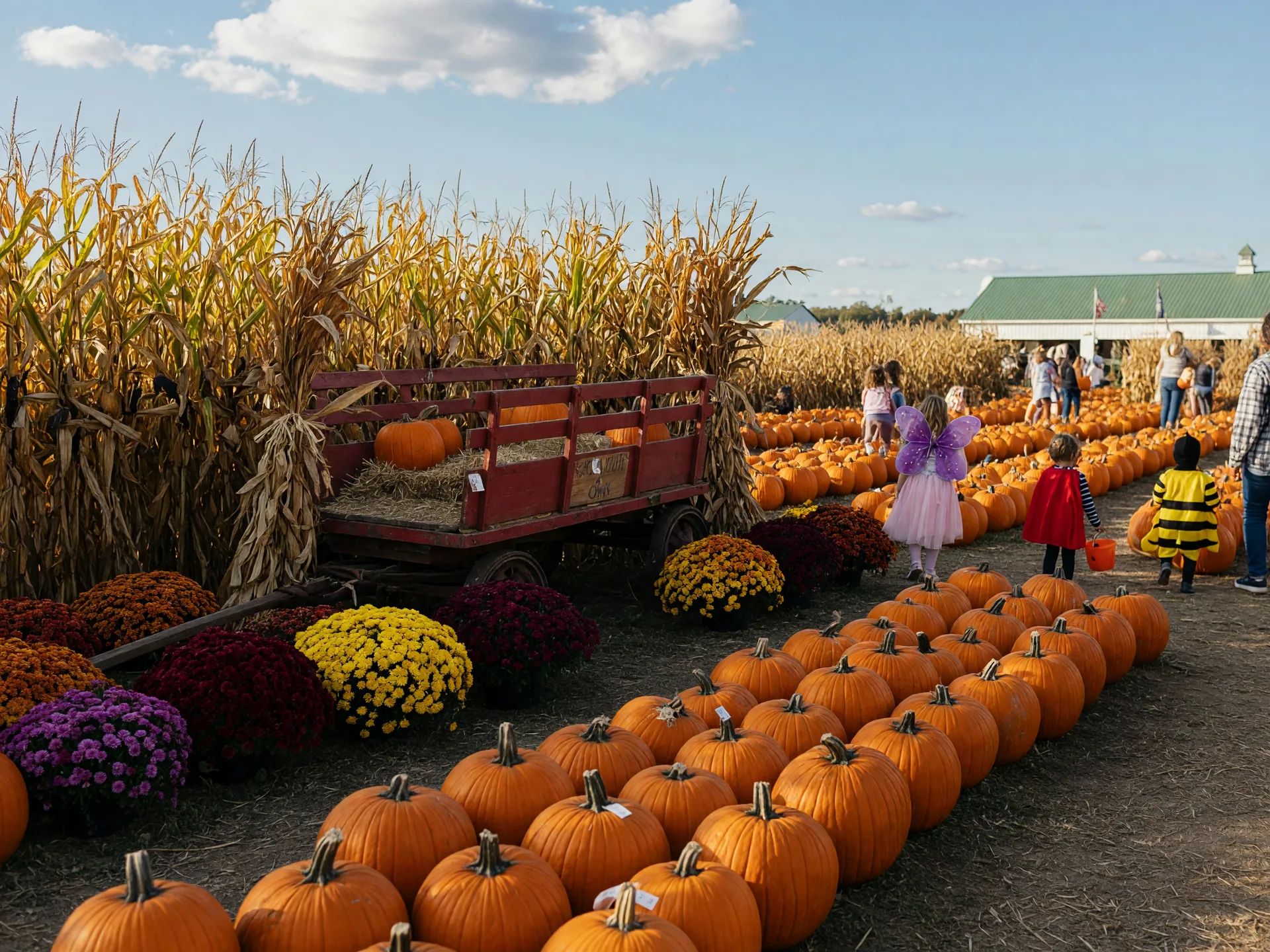 Children in Halloween costumes walking through a bright pumpkin patch on a sunny fall afternoon in Virginia