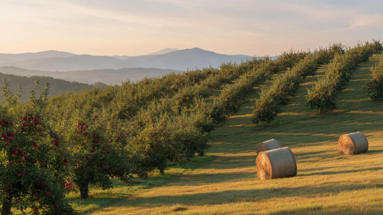 Apple orchard rows heavy with fruit at the start of fall with round hay bales in a mown field and hazy foothills beyond