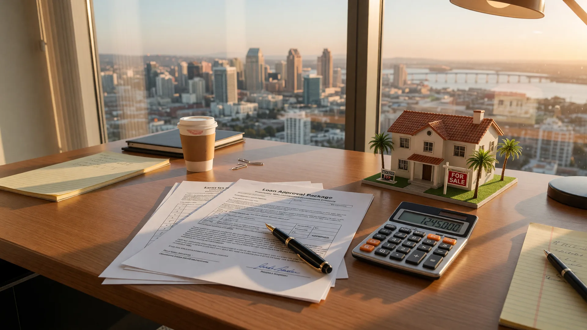 A San Diego investor's desk at golden hour with a loan document, calculator, pen, and a small model house, city skyline blurred behind