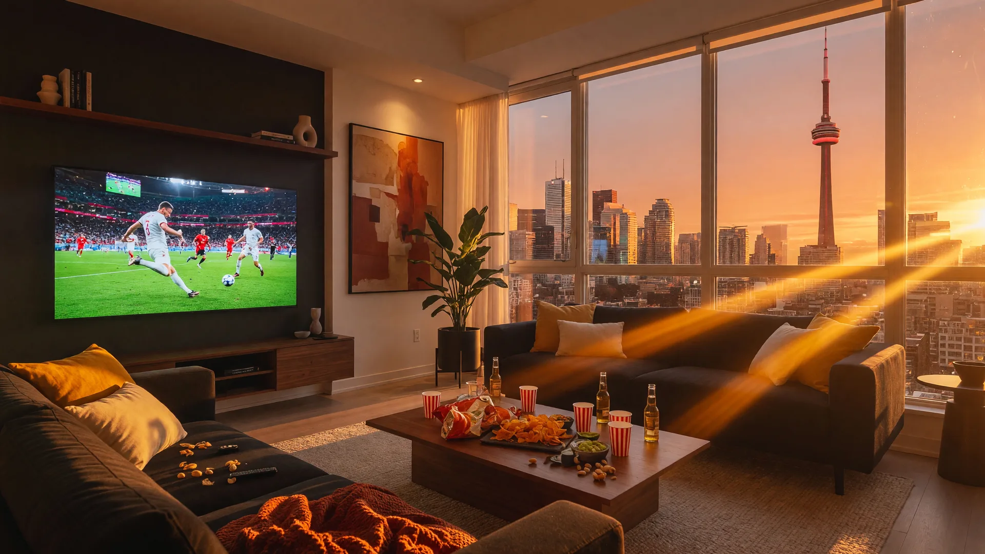 Modern Toronto condo living room with World Cup match on TV and city skyline at golden hour