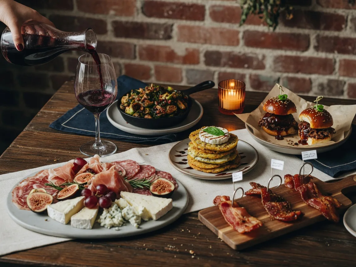 An elegant evening spread at unWine'd & Tap in Suwanee Georgia, with a glass of red wine, charcuterie and cheese board, fried green tomato stacks, Korean short rib sliders, and roasted Brussels sprouts on a dark wood table