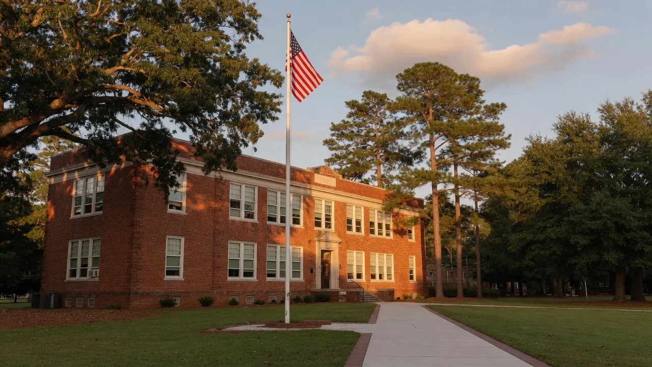 A classic red-brick school building on a warm afternoon, shaded by oaks and pines