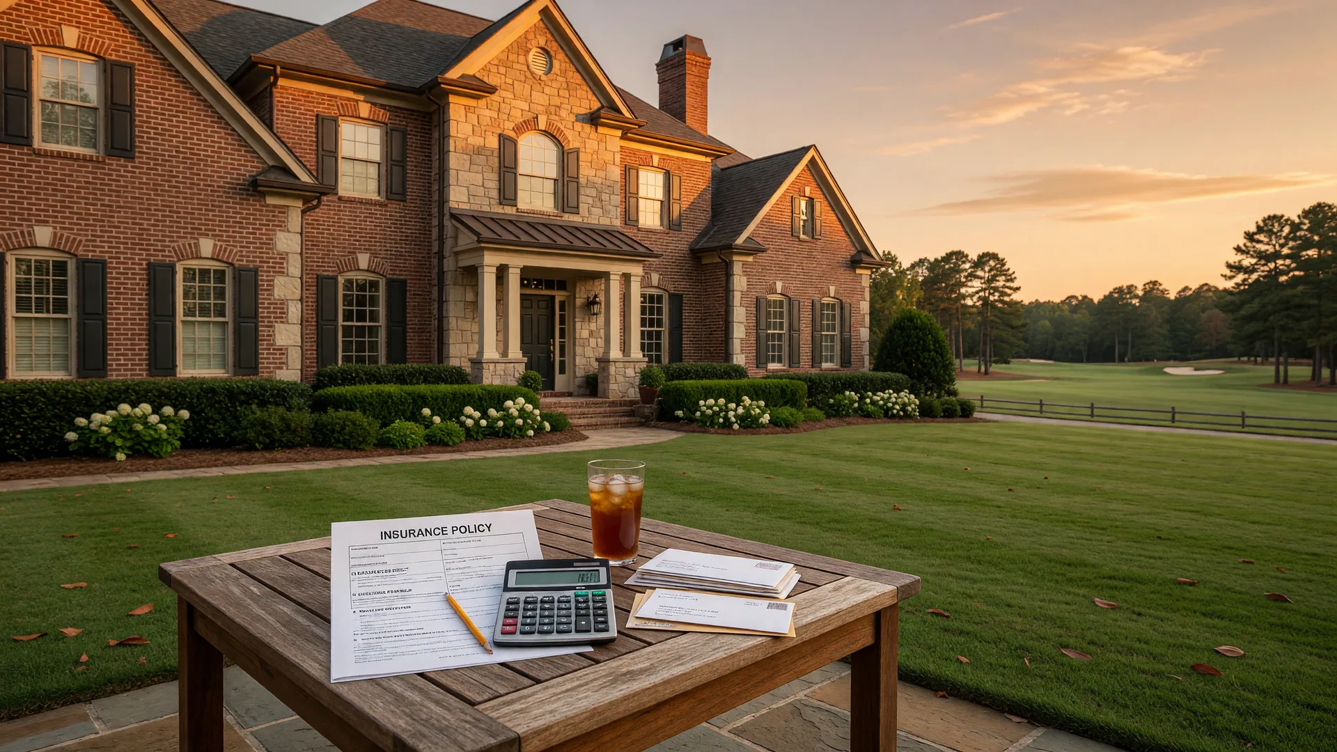 Upscale suburban home in a Georgia golf course community at golden hour with an open insurance policy document on a patio table, symbolizing rising homeowners insurance costs