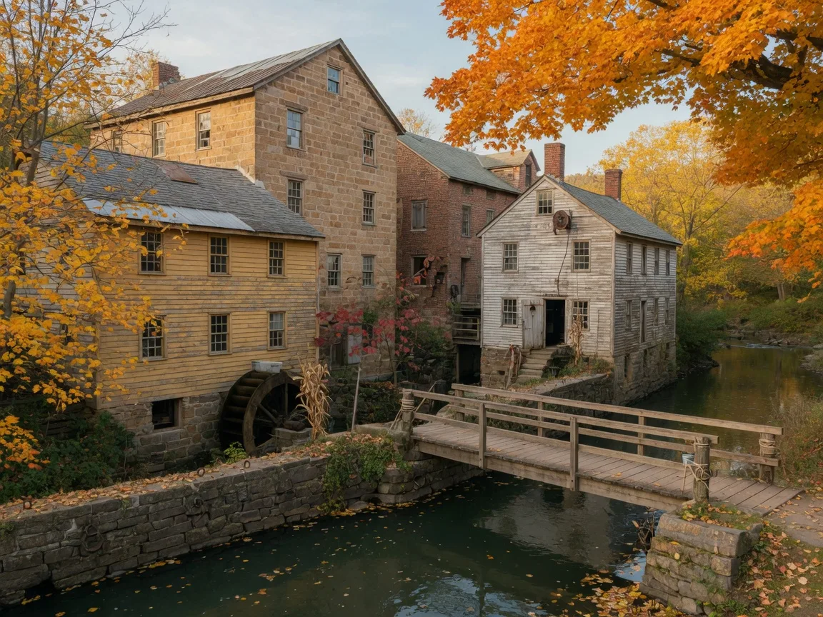 Historic 18th-century mill buildings in warm stone and weathered clapboard around a slow mill race waterway with a wooden footbridge, framed by golden autumn trees