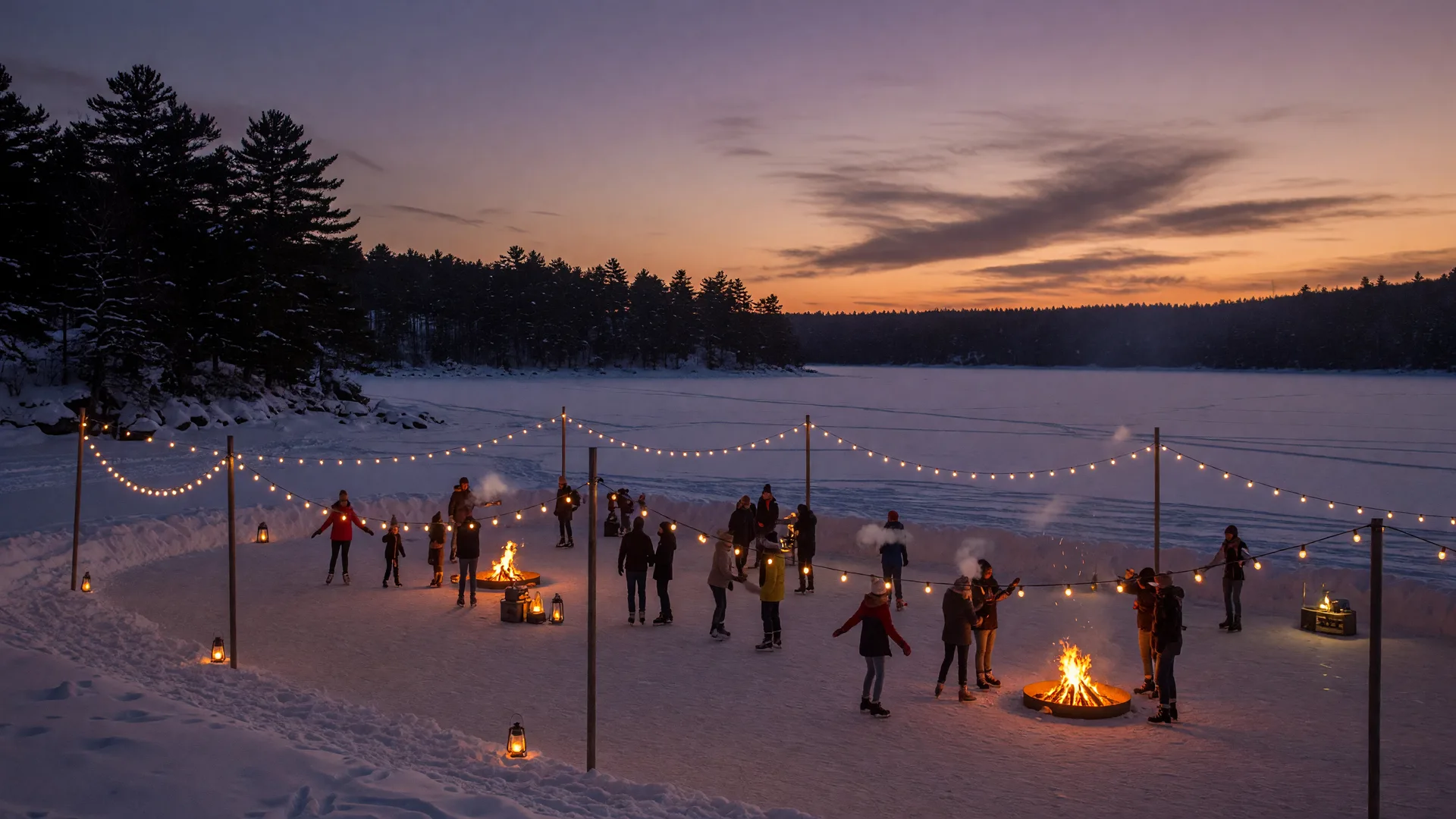 A festive winter gathering on a frozen Minnesota lake at dusk, with warm string lights and snow-covered pines