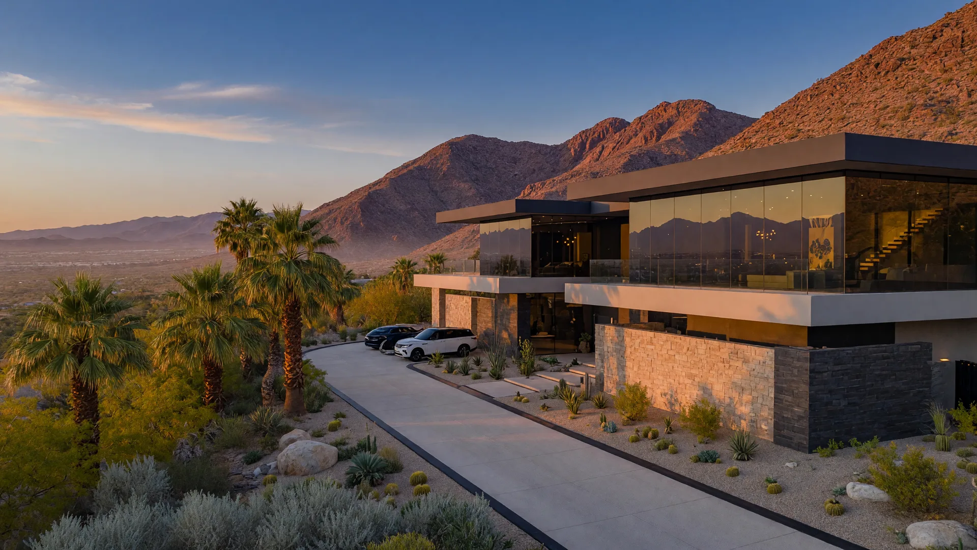 Modern glass-and-stone luxury desert estate in the Las Vegas foothills at golden hour with palm trees and red-rock mountains