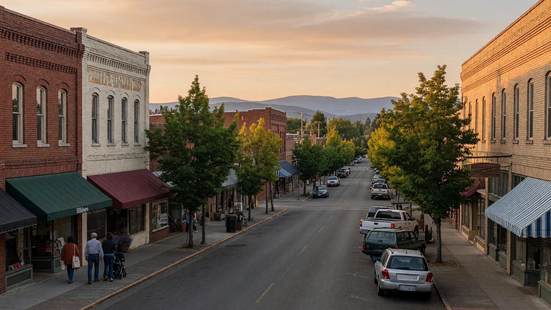 Downtown Hillsboro at golden hour with the Coast Range low on the horizon behind it