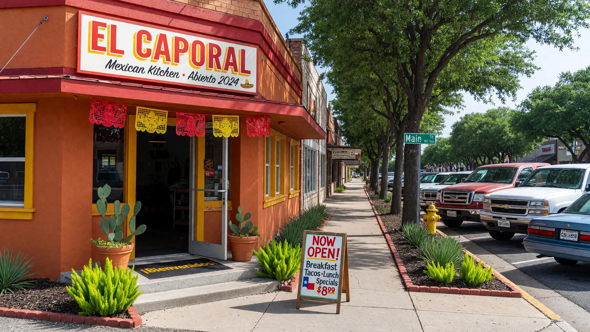 The front facade of El Caporal Mexican Restaurant, a new dining establishment on a sunlit commercial street in Paris, Texas