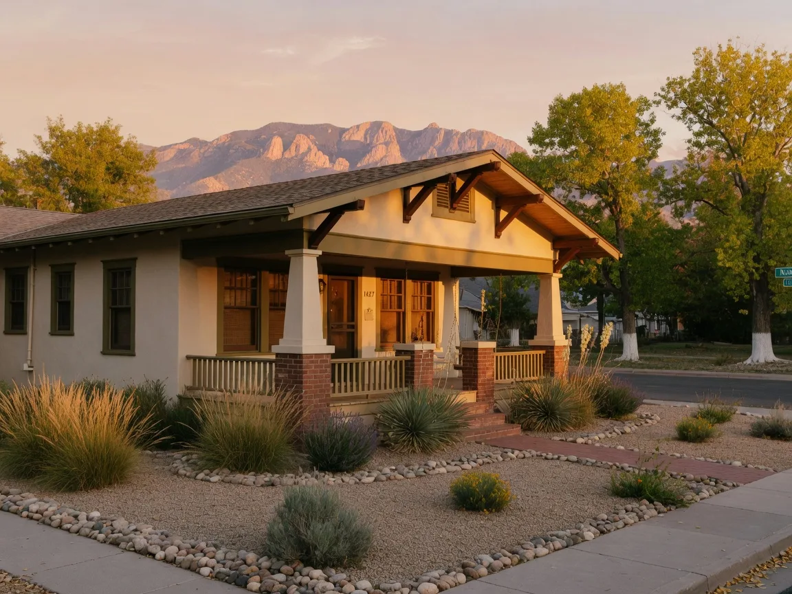 A restored 1920s Craftsman bungalow in Albuquerque's Nob Hill neighborhood with a deep front porch and xeriscape yard, the Sandia Mountains in the background