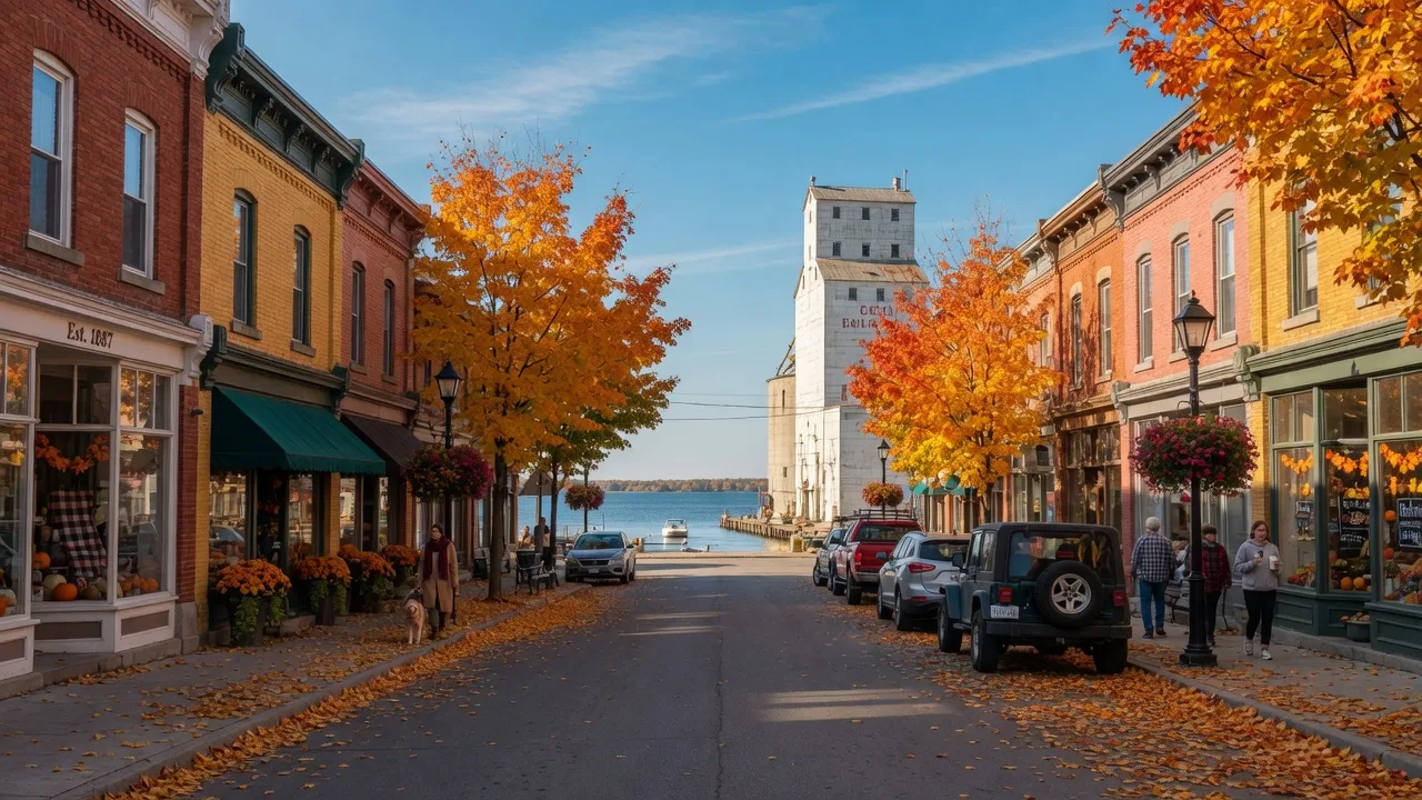 Queen Street in Port Perry on a bright early October afternoon: heritage storefronts with fall window displays, maple trees turning gold, and the historic grain elevator rising beside Lake Scugog in the distance