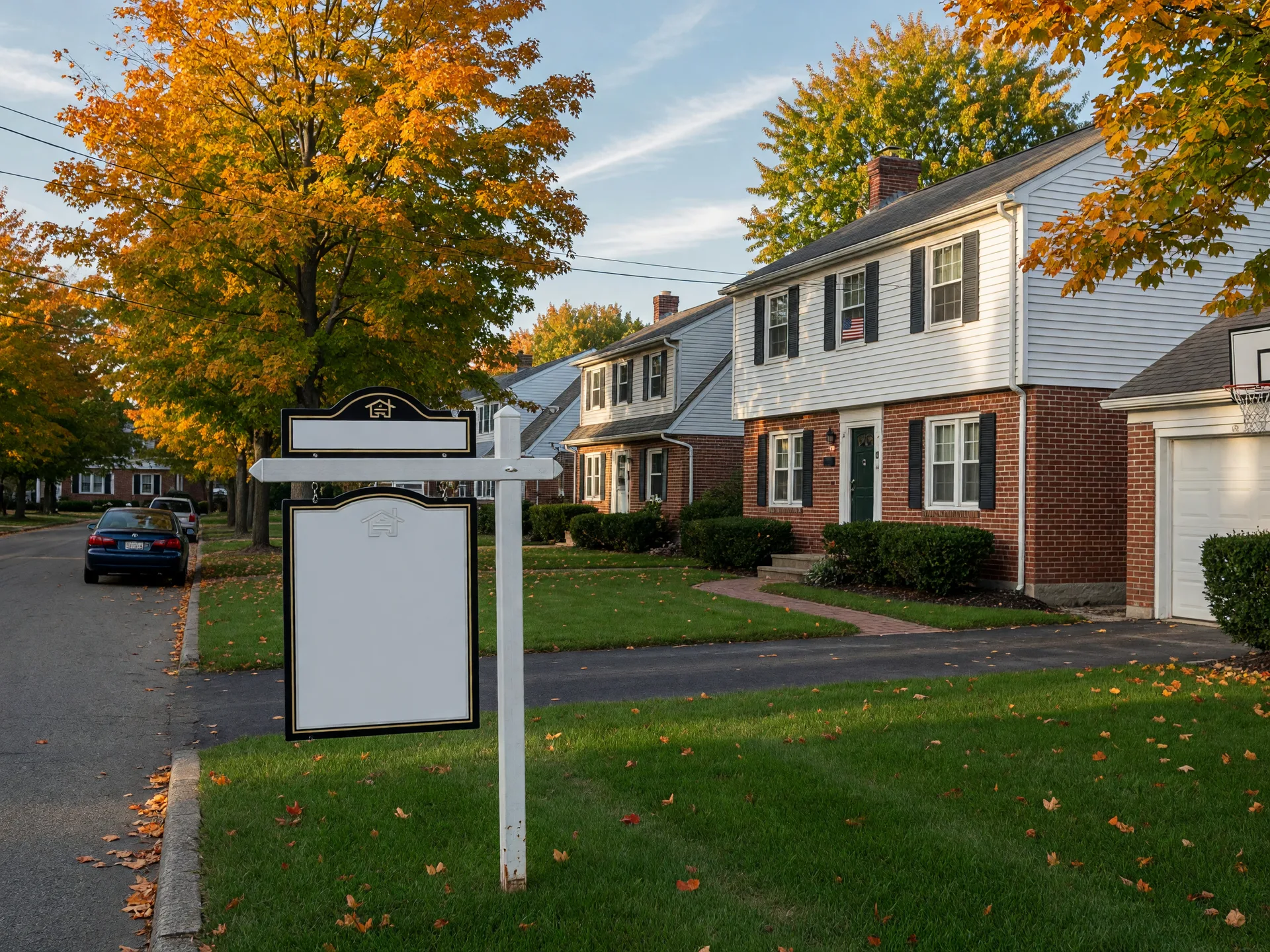 A for-sale sign on a manicured front lawn on a suburban Michigan street with maples turning gold and orange in early autumn