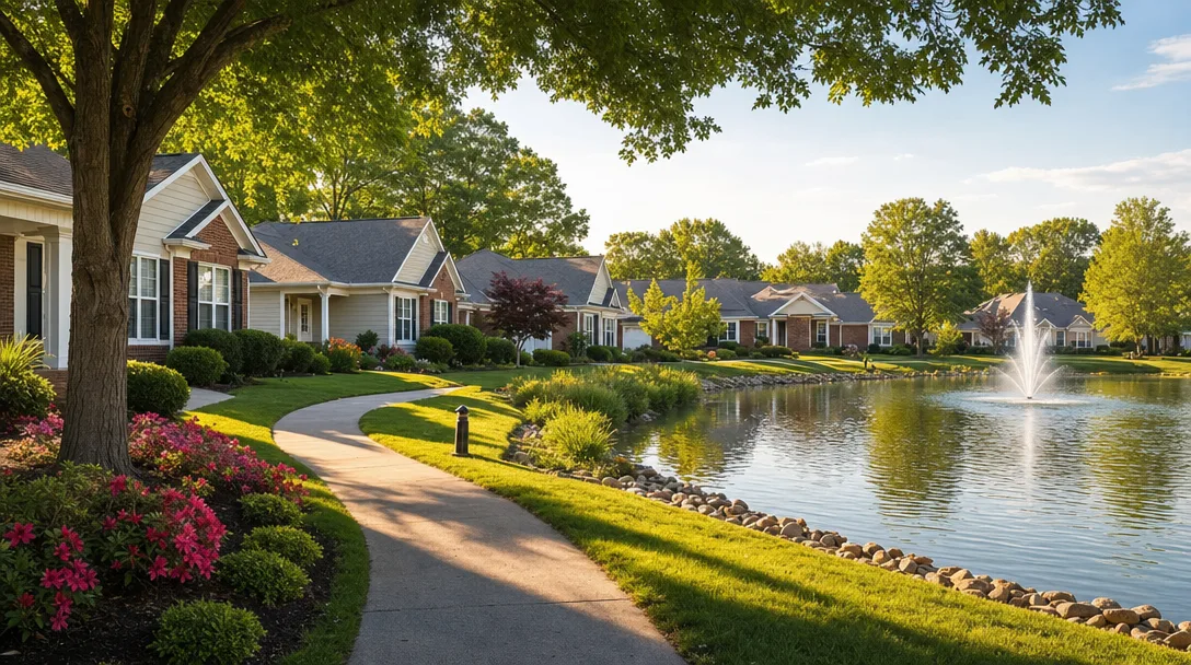 Serene 55+ active adult community in Spotsylvania County, Virginia with single-story villas, manicured lawns, walking paths, and a neighborhood pond