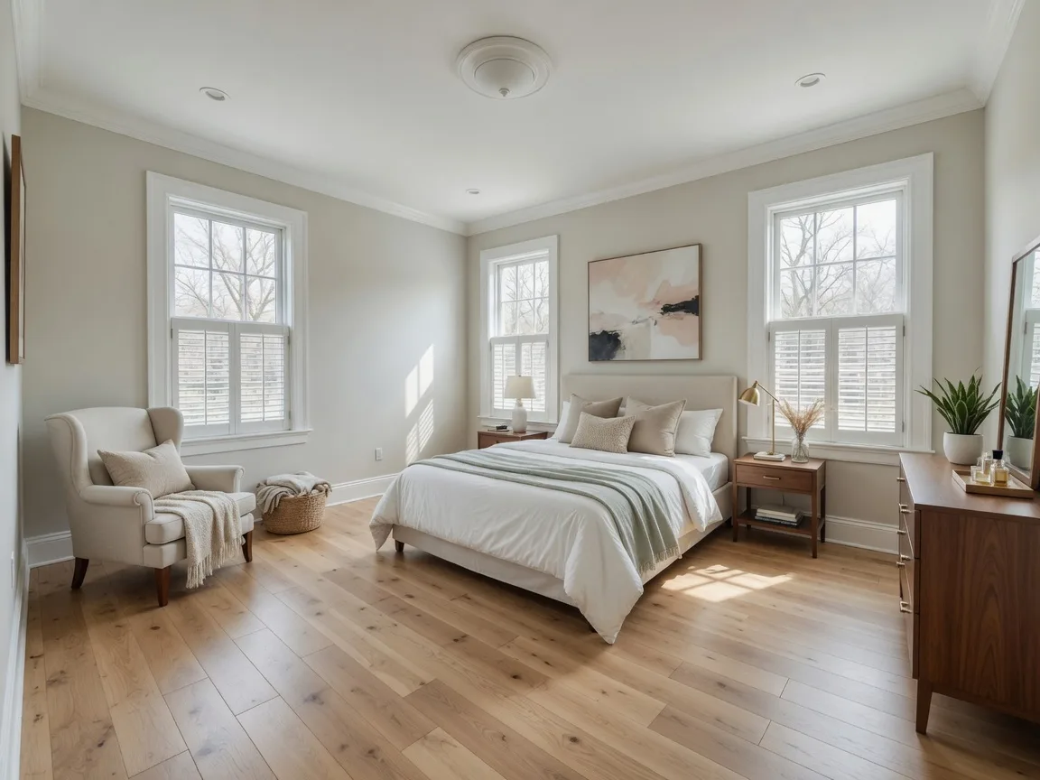 Primary bedroom with large windows and natural light