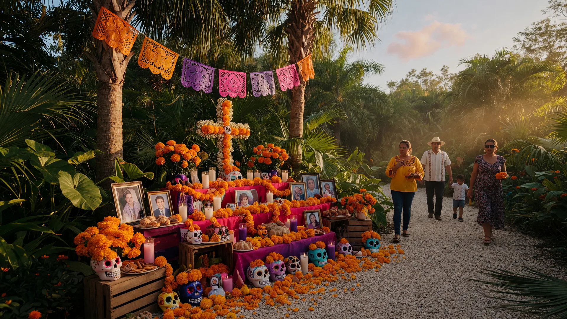 A Dia de los Muertos community altar at a tropical Southwest Florida botanical garden with marigolds, orange and purple papel picado banners strung between palm trees, candles, and framed photos in golden afternoon light