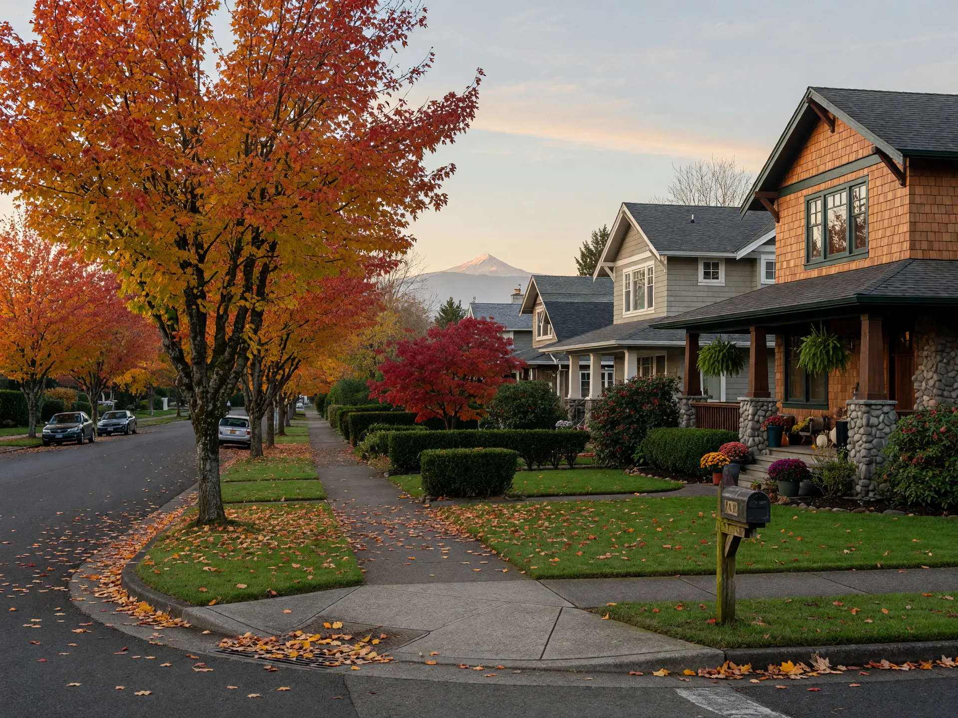 Quiet residential street in the Happy Valley hills with maples in full autumn color on a crisp mid-October morning