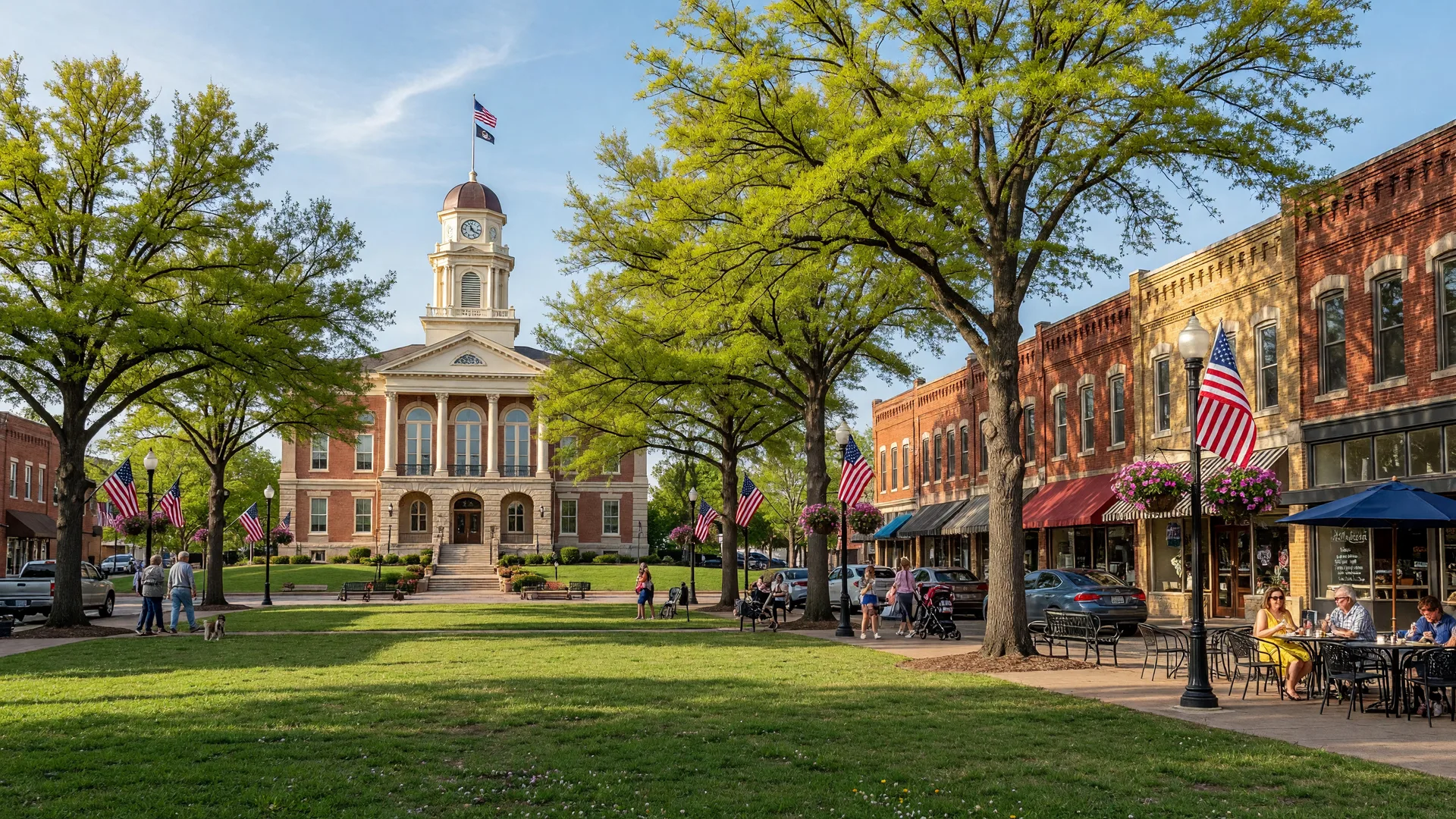Historic downtown Dallas, Georgia with the Paulding County courthouse, brick storefronts, and mature oak trees on a sunny afternoon