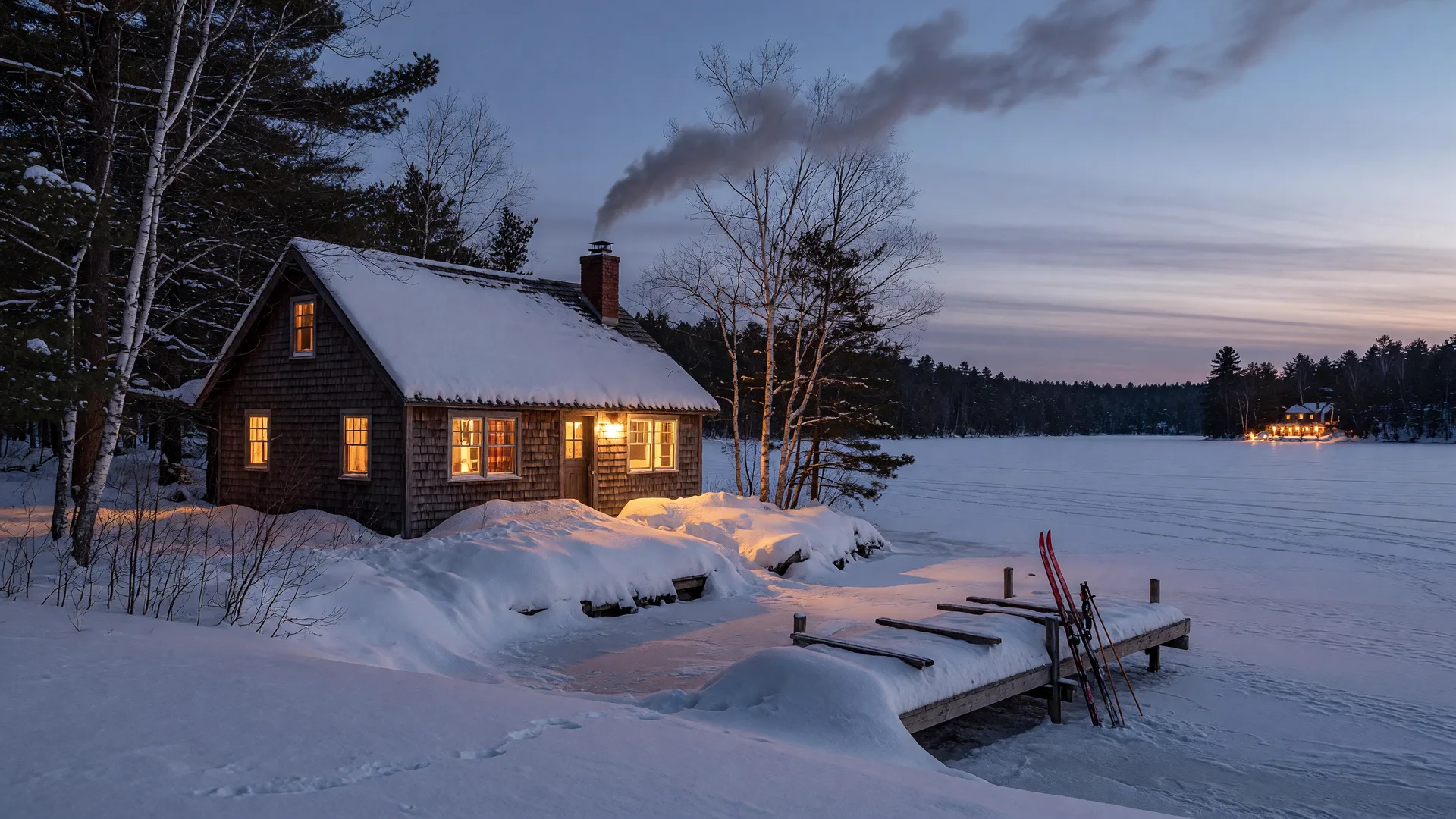 A cozy snow-covered North Woods lake cabin on the Whitefish Chain at winter twilight, warm windows glowing, wood smoke rising, and birch and pine along a frozen snowy shoreline
