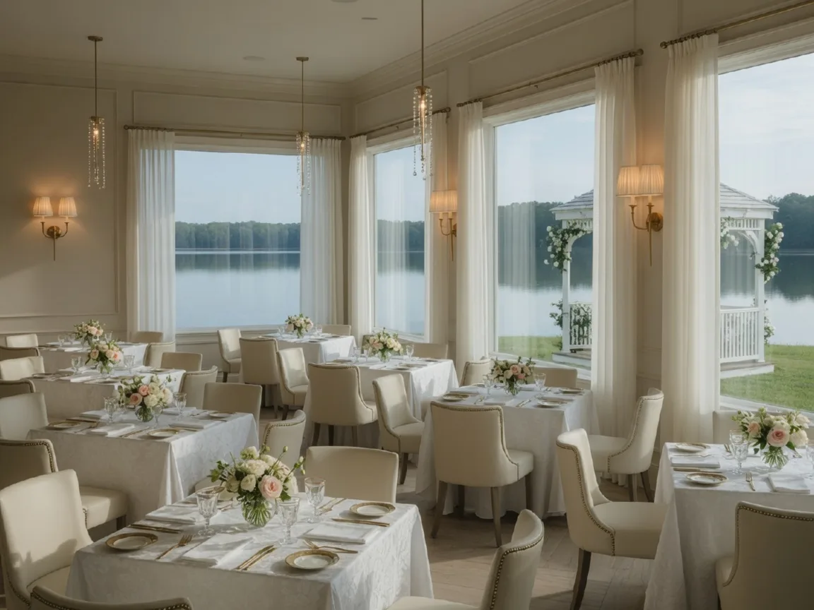 Fleur de Lis dining room inside the Spa at Chateau Elan in Braselton Georgia, an intimate lakeside restaurant with white tablecloths, cream upholstered chairs, and floor-to-ceiling windows overlooking the lake and gazebo