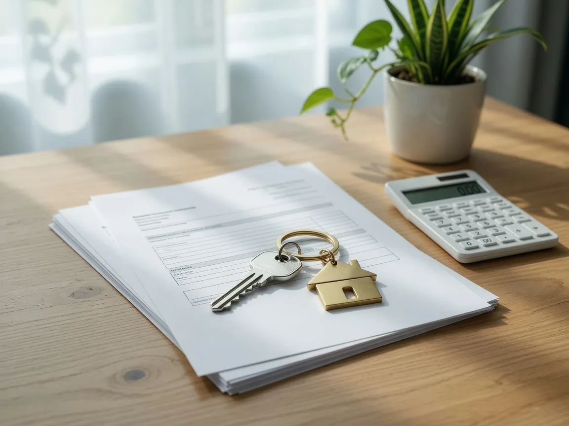 A new front door key on a stack of mortgage loan documents and a calculator, representing the paperwork path to first-time homeownership in Georgia