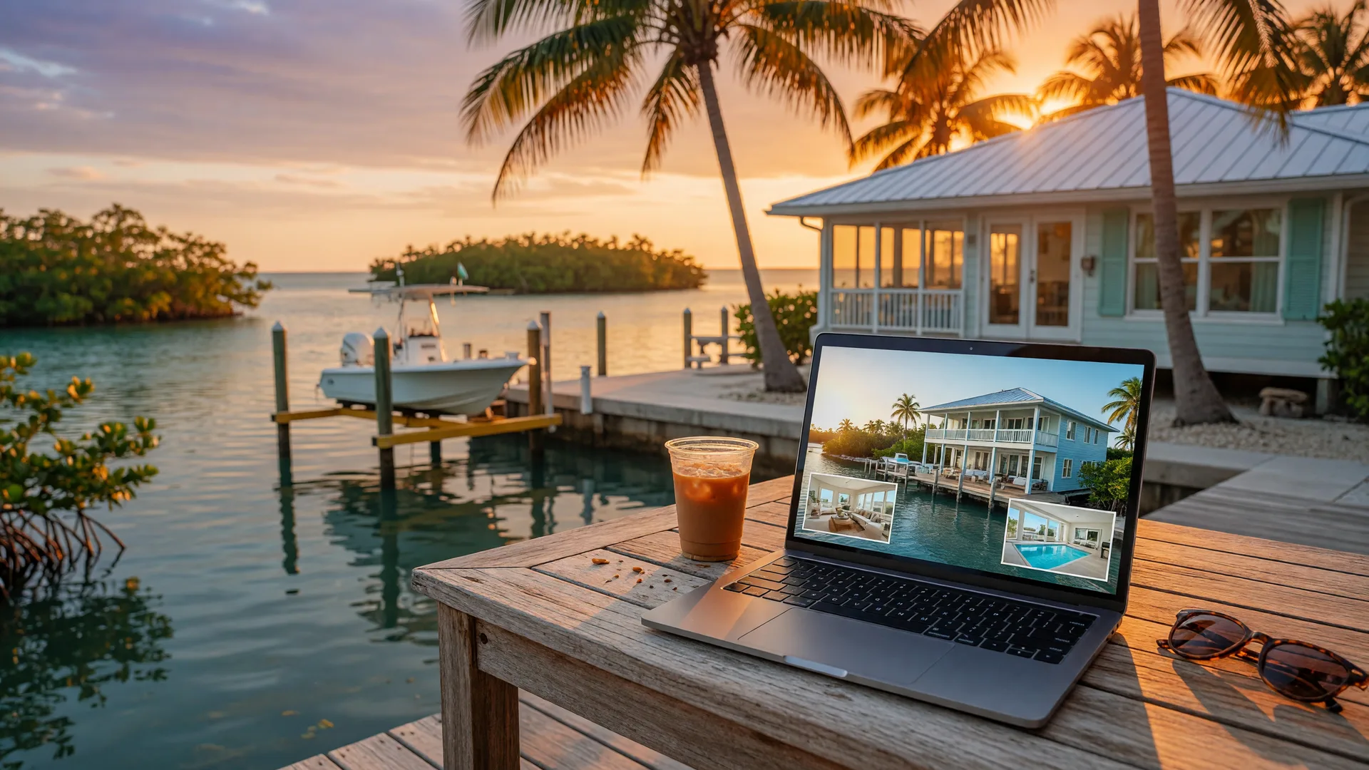 A laptop open on a weathered teak dock table beside a deep-water canal in the Florida Keys at golden hour, the screen showing a virtual tour of a luxury elevated waterfront home, an elevated metal-roofed Keys home with a private concrete dock and boat lift in the soft-focus background