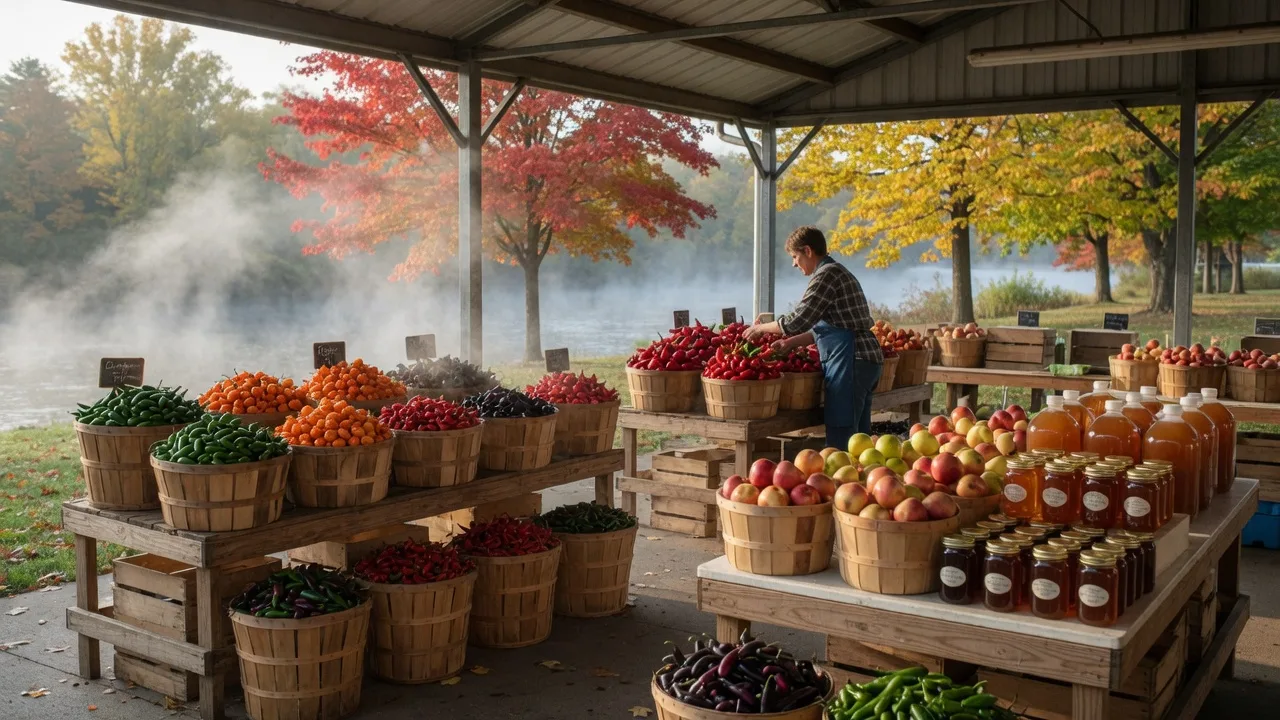 Market stalls stacked with hot peppers in shades of green, orange, red and purple beside apples, cider jugs and honey jars under a pavilion on an autumn Saturday morning