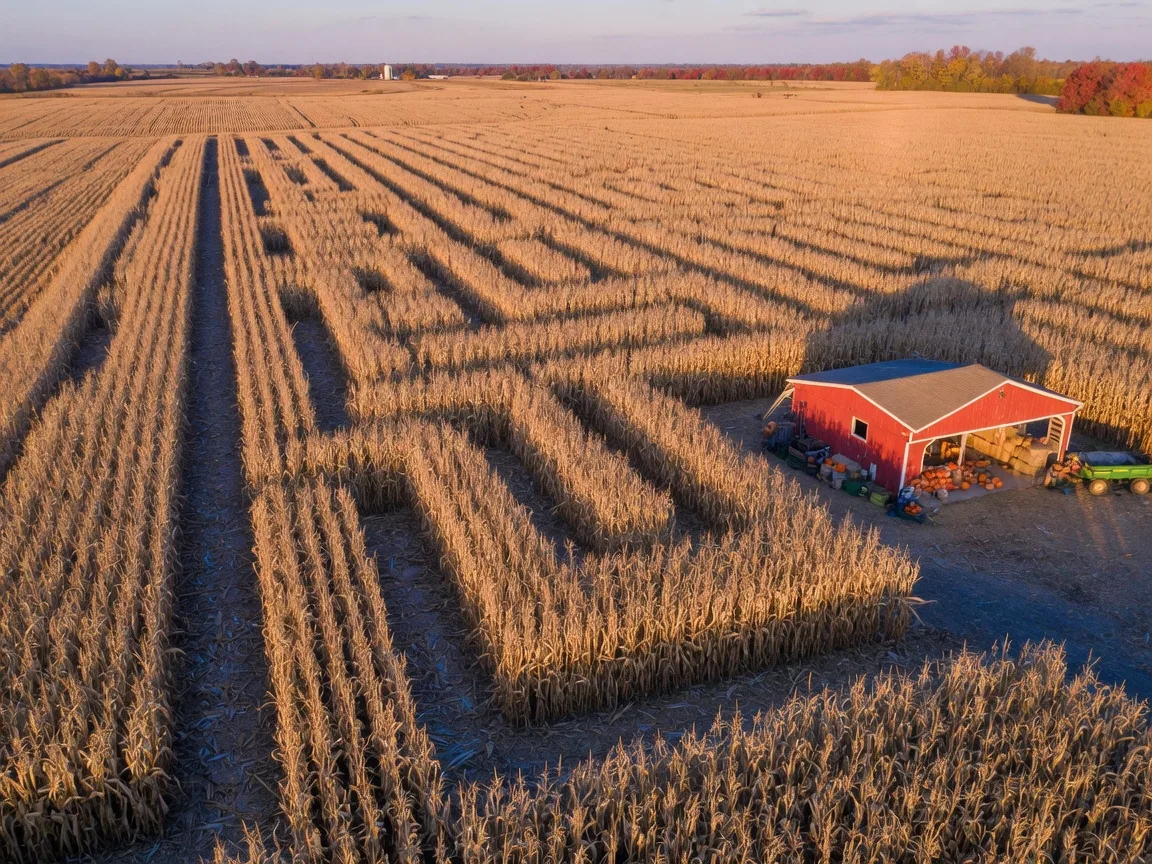 Aerial view of a tall golden corn maze with winding paths at a New Jersey farm in late-afternoon light