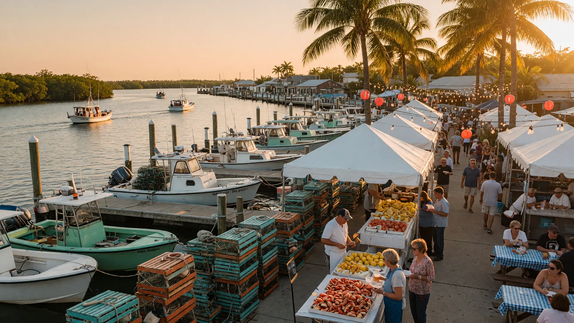 The Naples Stone Crab Festival at Tin City on the waterfront with white festival tents, seafood stalls, fishing boats and stone crab traps along the docks, and string lights between palm trees