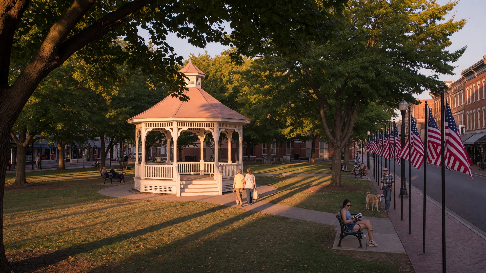 Medina's historic Public Square with white gazebo on a late-summer afternoon