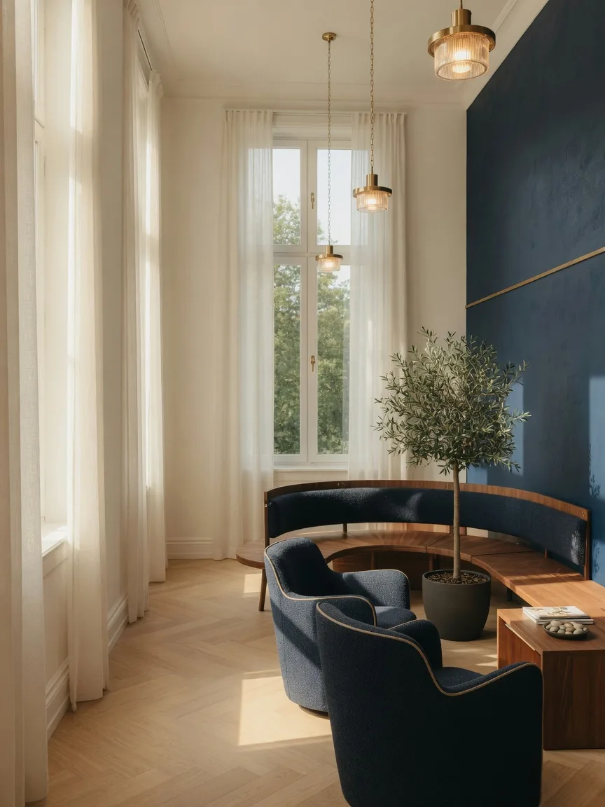 A bright, modern waiting lounge at APRM Solutions with navy seating, warm wood and natural light